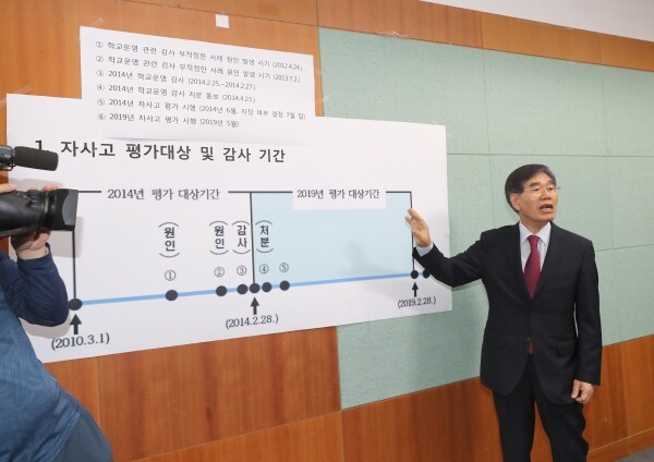 박삼옥 전주 상산고등학교 교장이 2일 오전 전북도의회에서 자사고 지정취소에 반박하는 기자회견을 하고 있다. 왼쪽은 평가 대상 및 감사 기간이 부당하다는 내용을 적은 글. (사진: 연합뉴스)