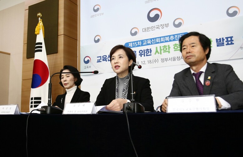교육부는 18일 제15차 ‘교육신뢰회복추진단(이하 추진단)’ 회의를 열고 ‘교육신뢰회복을 위한 사학혁신 추진방안’을 발표했다.