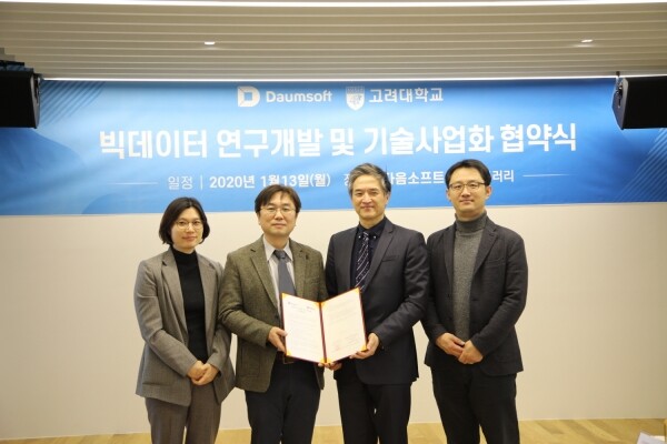 (왼쪽부터) 권미경 다음소프트 이사, 윤준태 다음소프트 부사장, 고려대 빅데이터융합사업단 김은기 단장, 이영환 부단장 (사진: 고려대 제공)