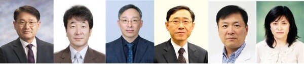 (왼쪽부터) 의과대학 김용림·이제철·박재찬 교수, 치과대학 배용철·전영훈 교수, 수의과대학 진희경 교수. 사진=경북대 제공