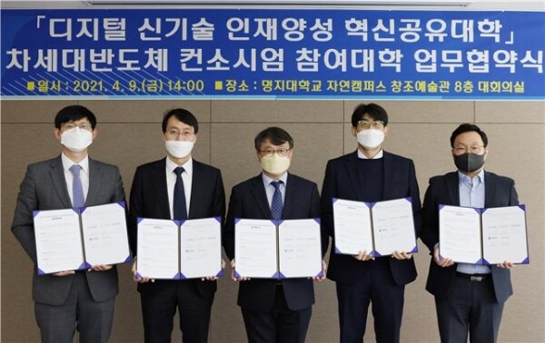 (왼쪽부터) 양종렬 영남대 교수, 윤찬영 강릉원주대 교수, 홍상진 명지대 교수, 안승언 한국산업기술대 교수, 안영기 대림대 교수가 지난 9일 협약식 이후 기념사진을 촬영하고 있다. 사진=대림대 제공