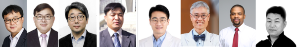 경희대 연구팀이 올해 열리는 국제광자공학회(SPIE) 의료영상 학술대회서 차세대 엑스레이 연구성과 7건을 발표한다. 연구 참여자 류제황, 윤경식, 박성진, 안정선, 공문규, 정원규, 말로리 마티벤가, 여승준 교수(왼쪽부터). 사진=경희대 제공