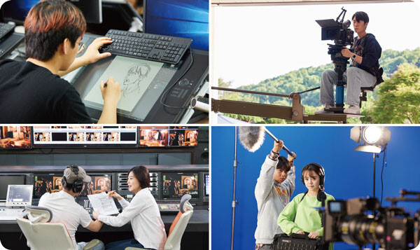 한국영상대 만화웹툰콘텐츠과, 영상촬영조명과, 음향제작과, 미디어창작학과 학생들(왼쪽위부터 시계방향)