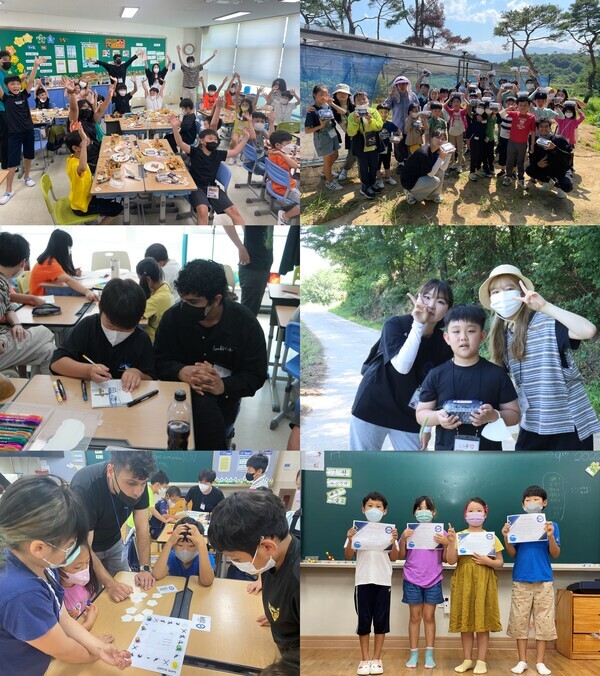 한국외국어대 국제학부 학생들이 오지의 초등학교를 찾아가 영어캠프 봉사 프로그램을 진행하고 있다.사진=한국외국어대 제공